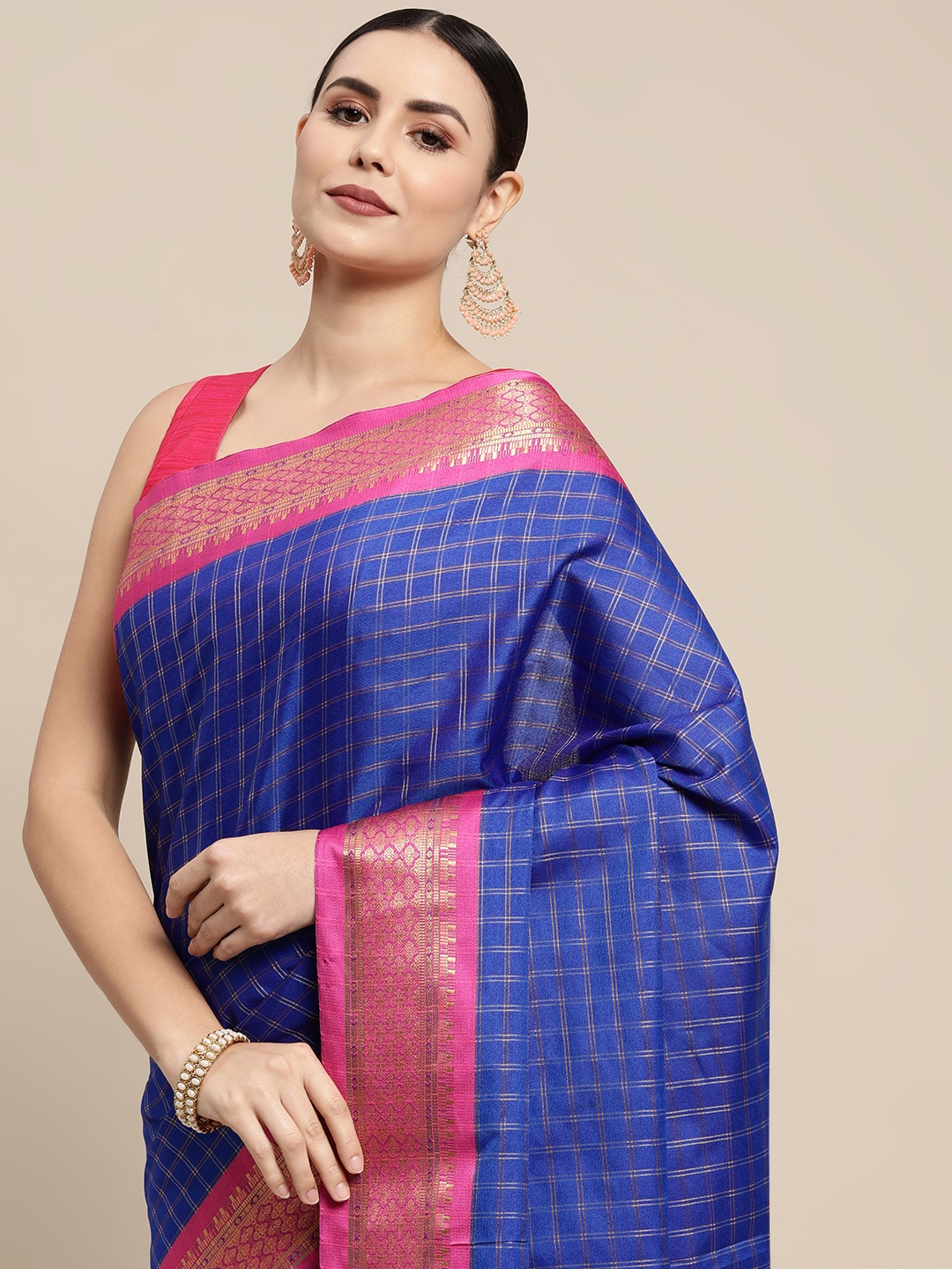 

KALINI Blue & Pink Checked Zari Silk Cotton Saree