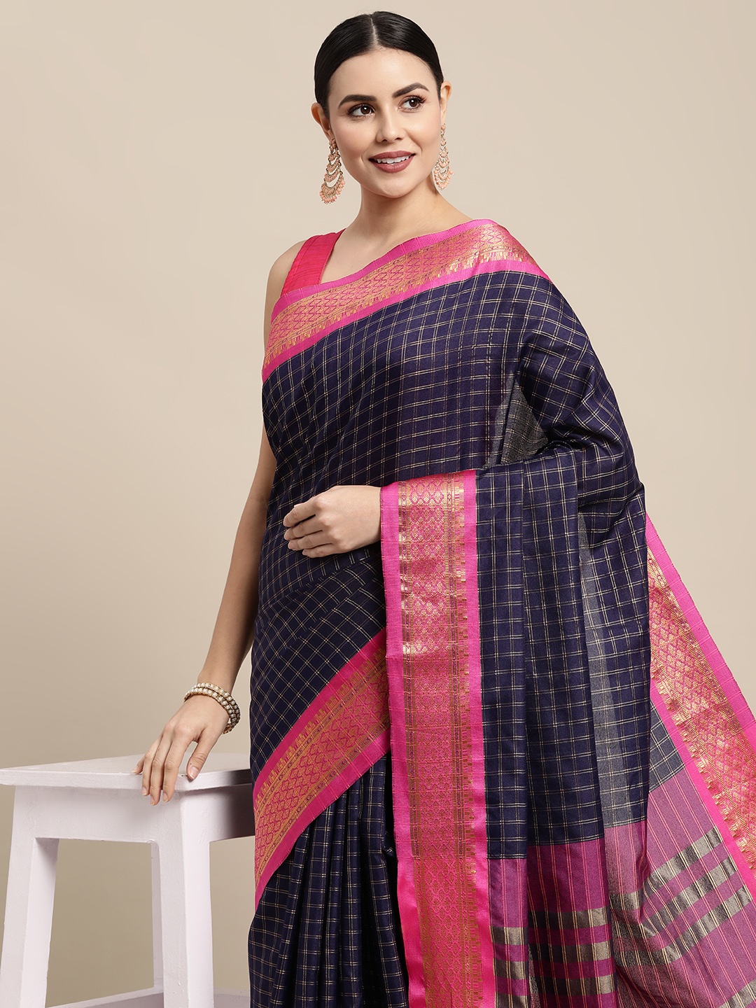 

KALINI Navy Blue & Pink Checked Zari Silk Cotton Saree