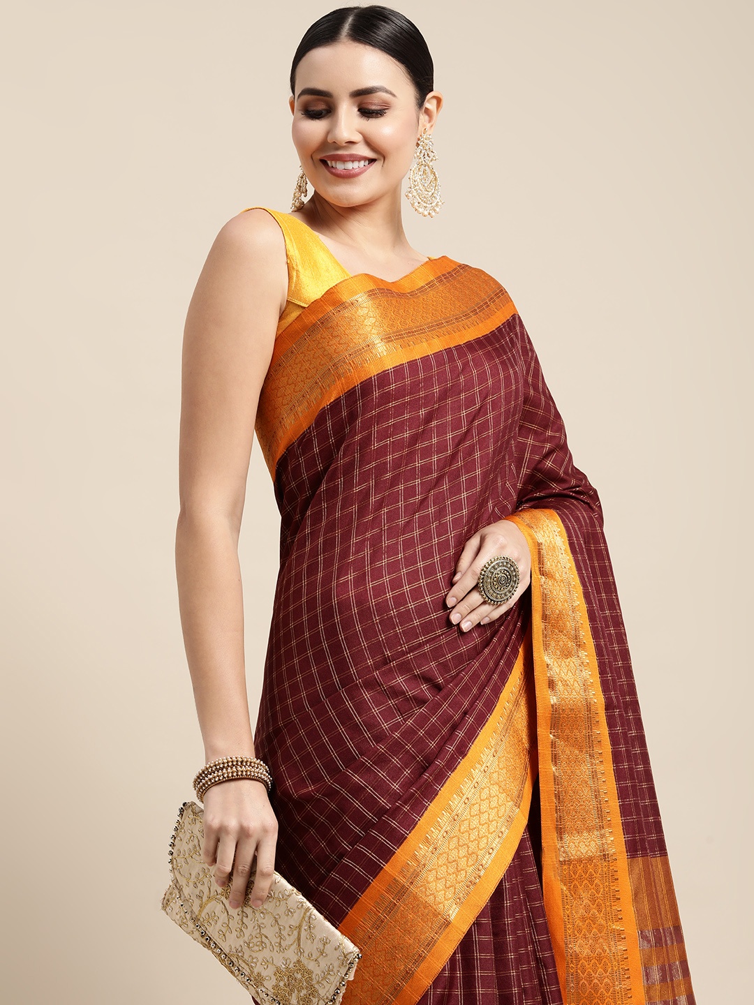 

KALINI Maroon & Yellow Checked Zari Silk Cotton Saree