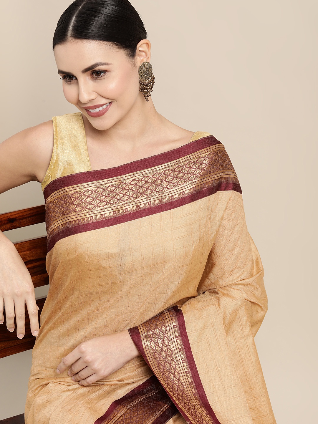 

KALINI Beige & Maroon Checked Zari Silk Cotton Saree