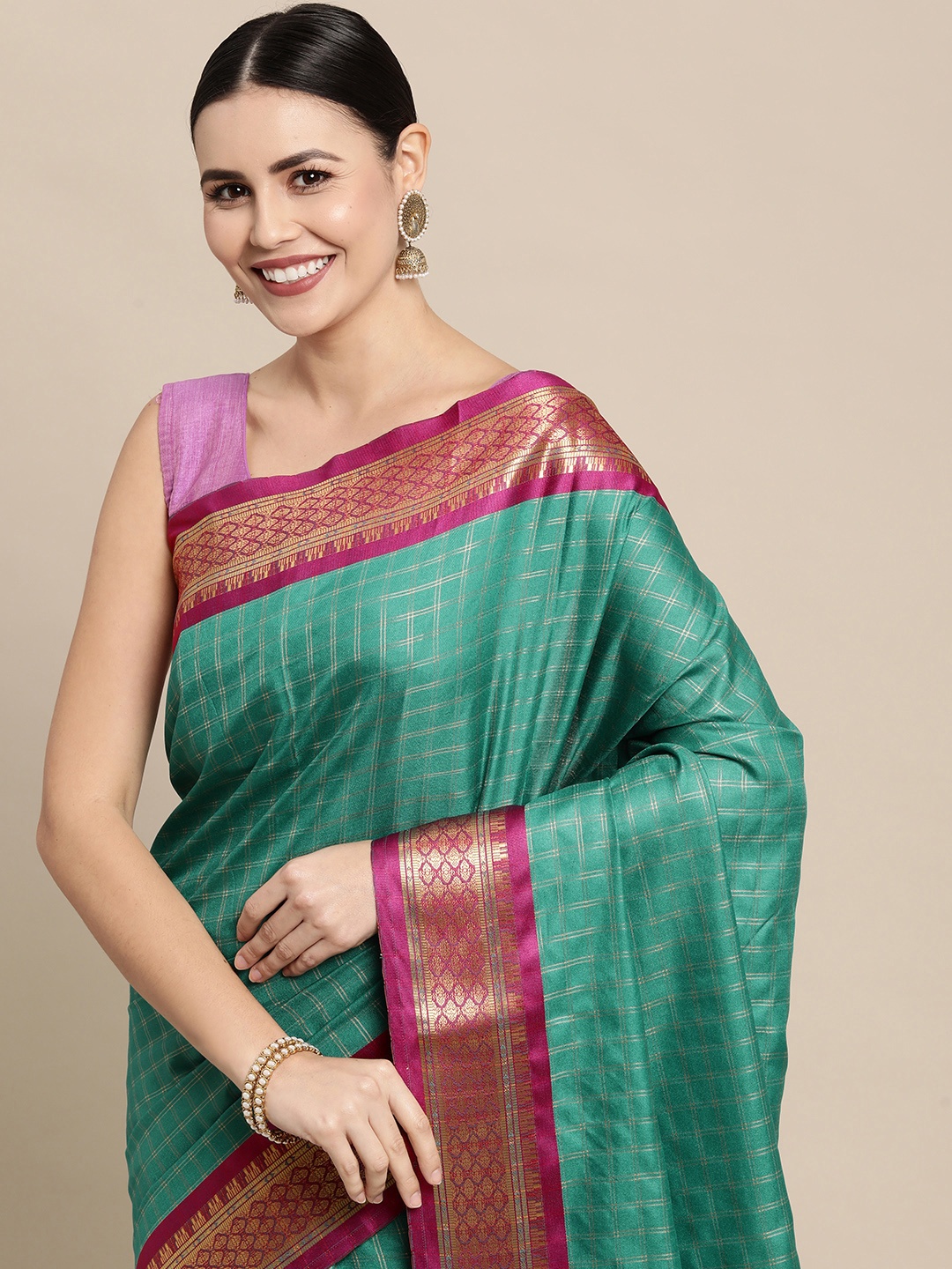 

KALINI Teal & Pink Checked Zari Silk Cotton Saree