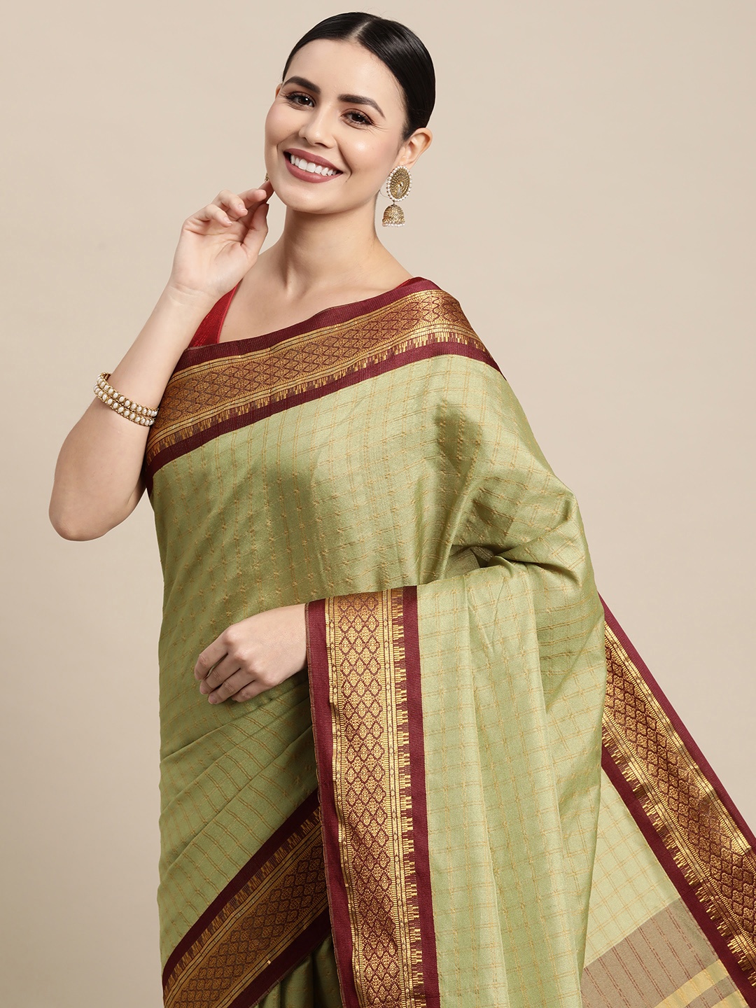 

KALINI Olive Green & Maroon Checked Zari Silk Cotton Saree