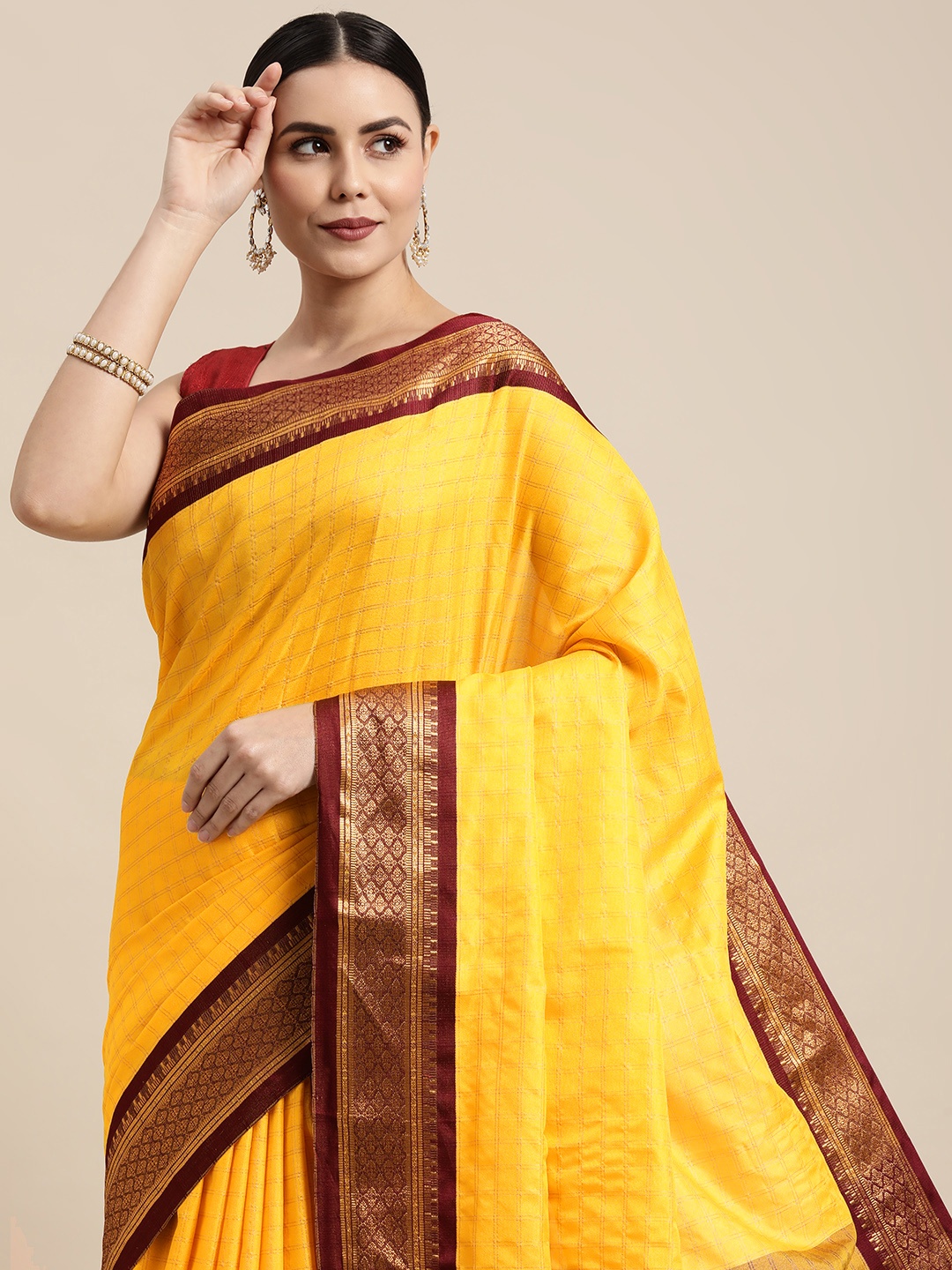 

KALINI Yellow & Maroon Checked Zari Silk Cotton Saree