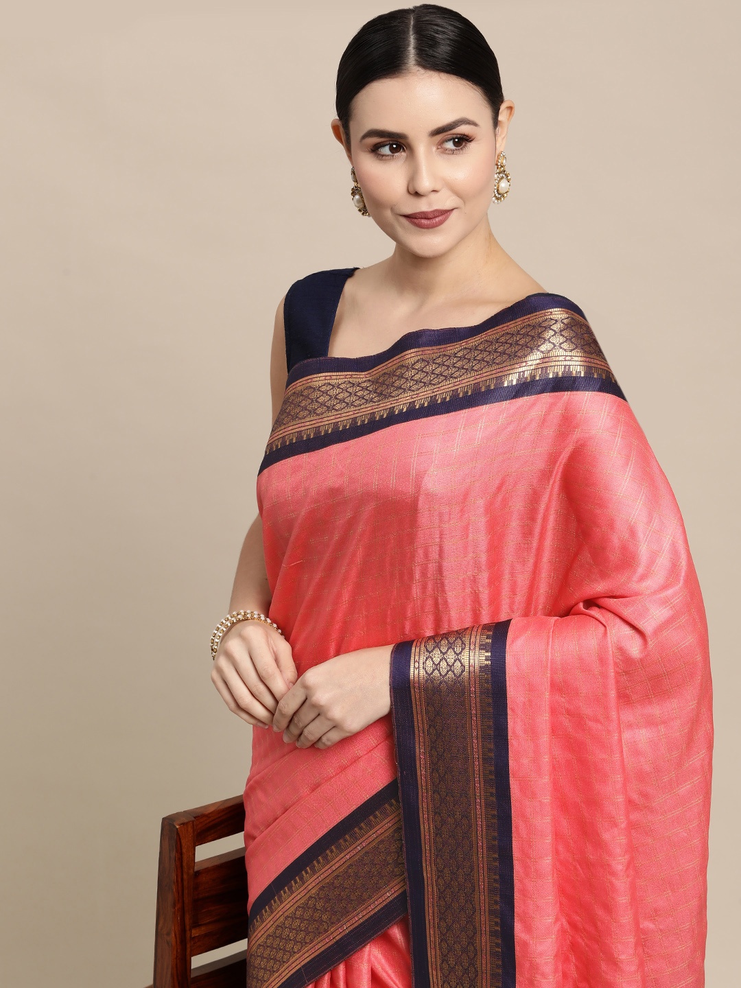 

KALINI Peach-Coloured & Navy Blue Checked Zari Silk Cotton Saree