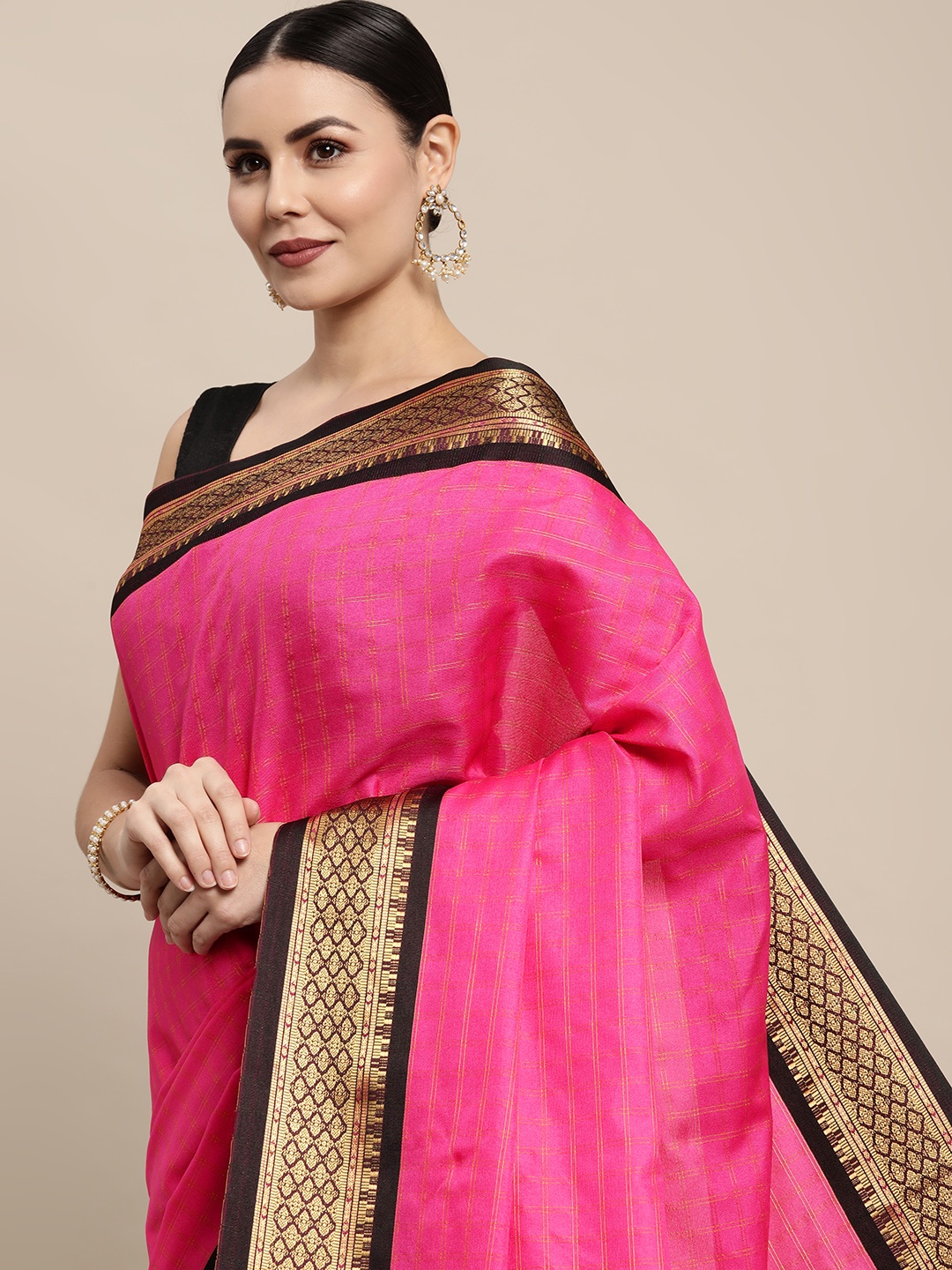 

KALINI Pink & Gold-Toned Checked Zari Silk Cotton Saree