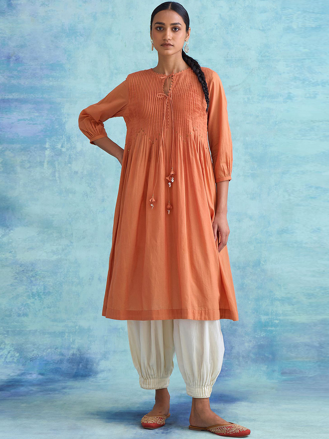 

W The Folksong Collection Women Orange Keyhole Neck Flared Sleeves Anarkali Kurta