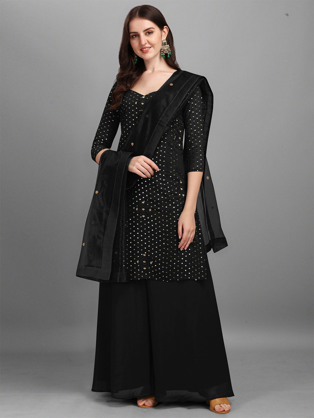 

Fashion Basket Black & Gold-Toned Embroidered Semi-Stitched Dress Material