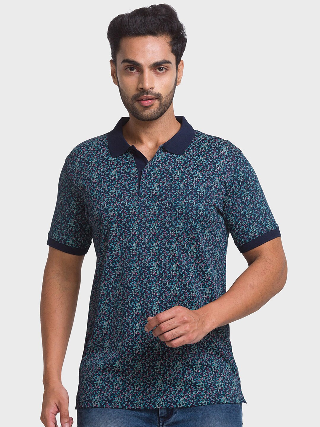 

ColorPlus Men Blue Floral Printed Polo Collar T-shirt