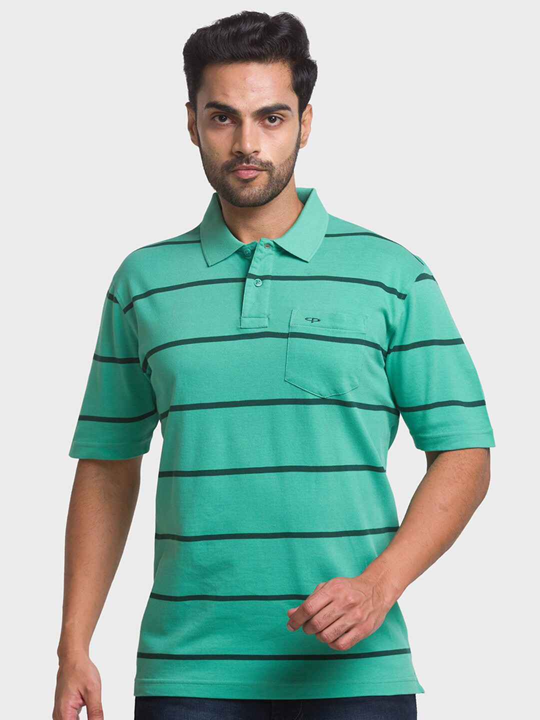 

ColorPlus Men Green Striped Polo Collar T-shirt
