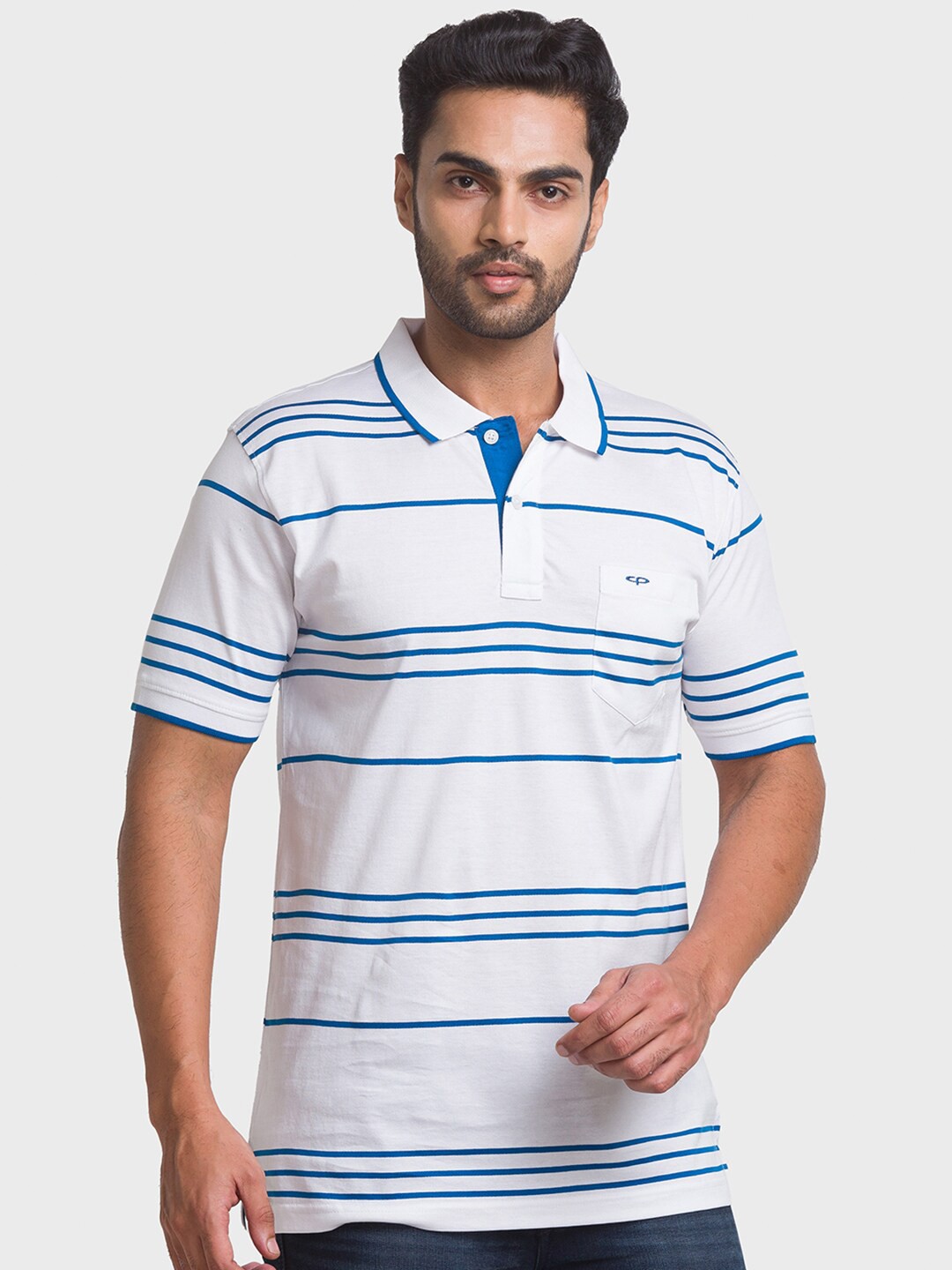 

ColorPlus Men White Striped Polo Collar T-shirt