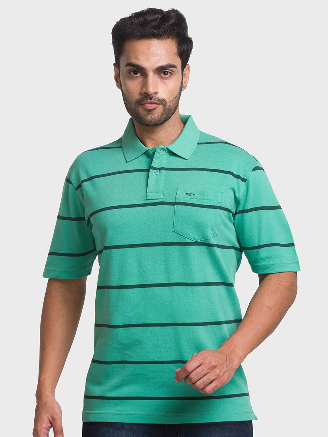 

ColorPlus Men Green Striped Polo Collar T-shirt