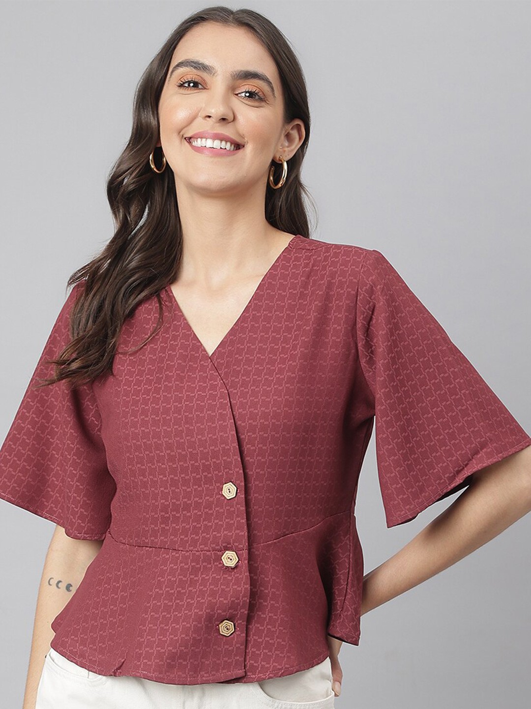 

Miss Grace Maroon Geometric Print Wrap Top