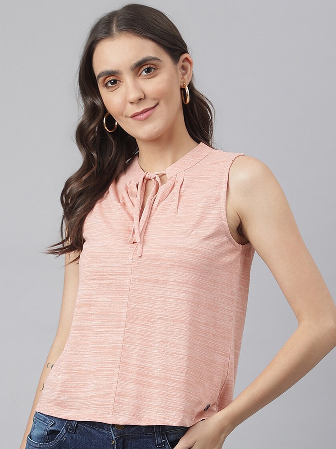 

Miss Grace Peach-Coloured Striped Tie-Up Neck Top