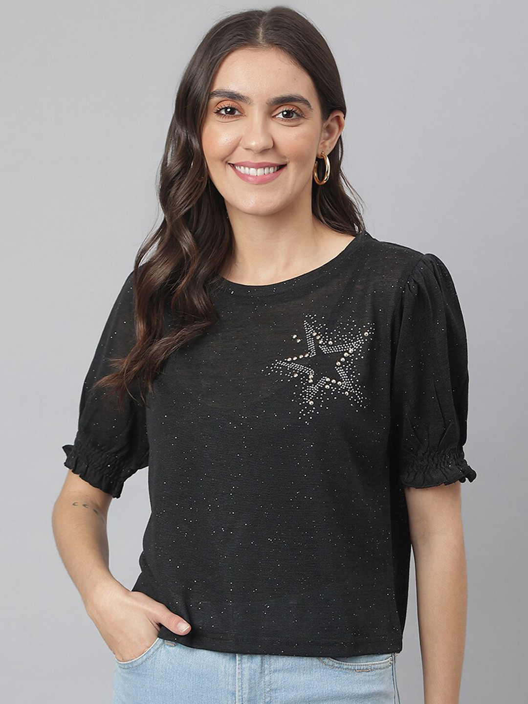 

Miss Grace Black & White Puff Sleeve Embellished Studded Top