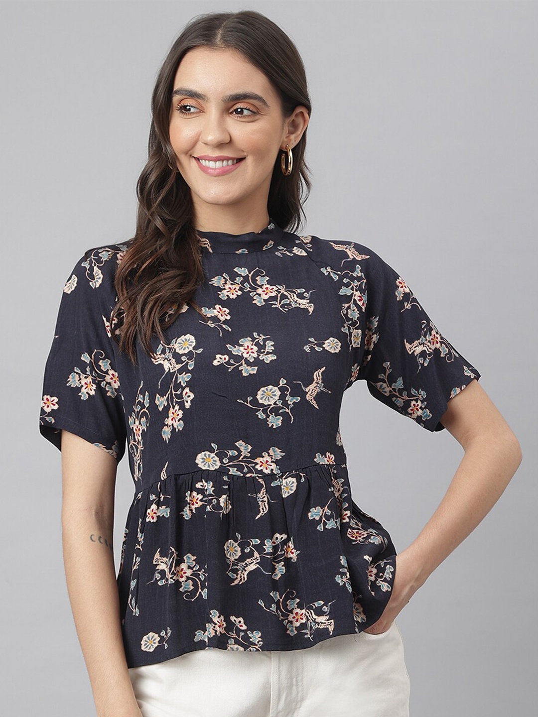 

Miss Grace Navy Blue Floral Print Peplum Top