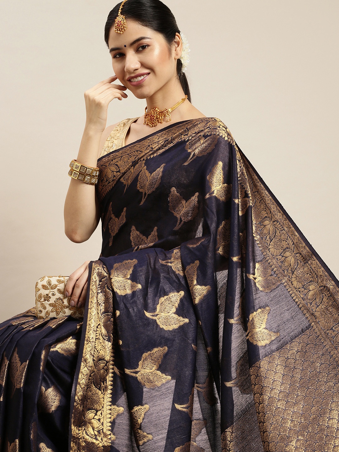 

swatika Navy Blue & Gold-Toned Ethnic Motifs Zari Silk Blend Bhagalpuri Saree