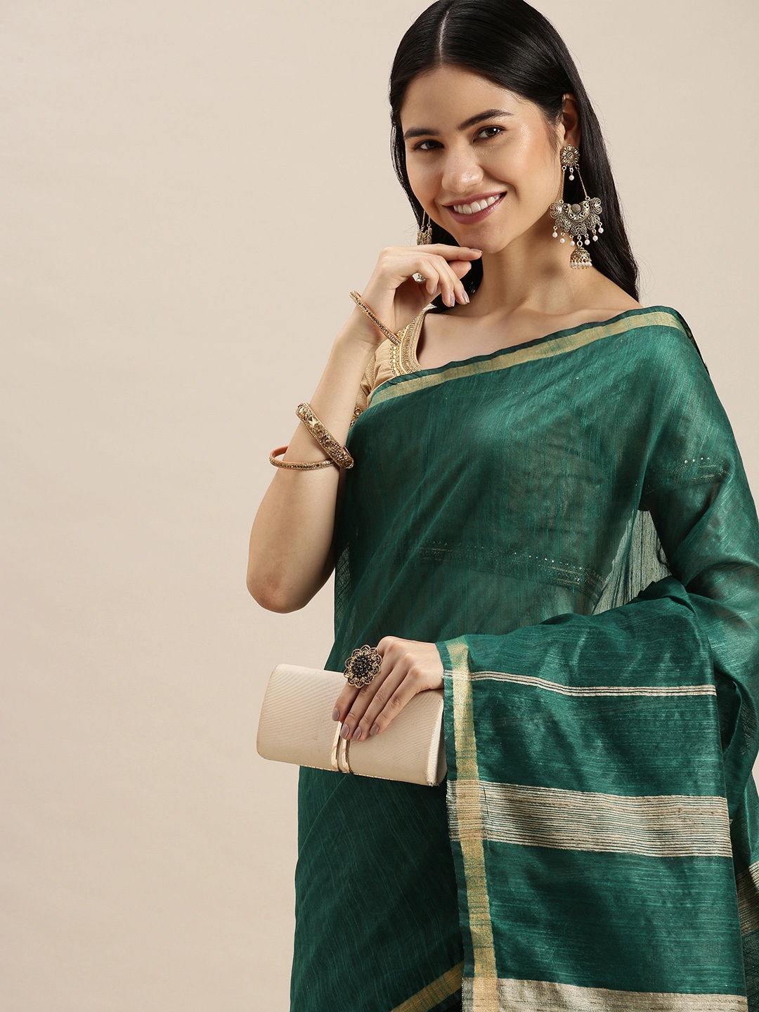 

swatika Green Woven Design Silk Blend Bhagalpuri Saree with Unstitched Blouse Piece