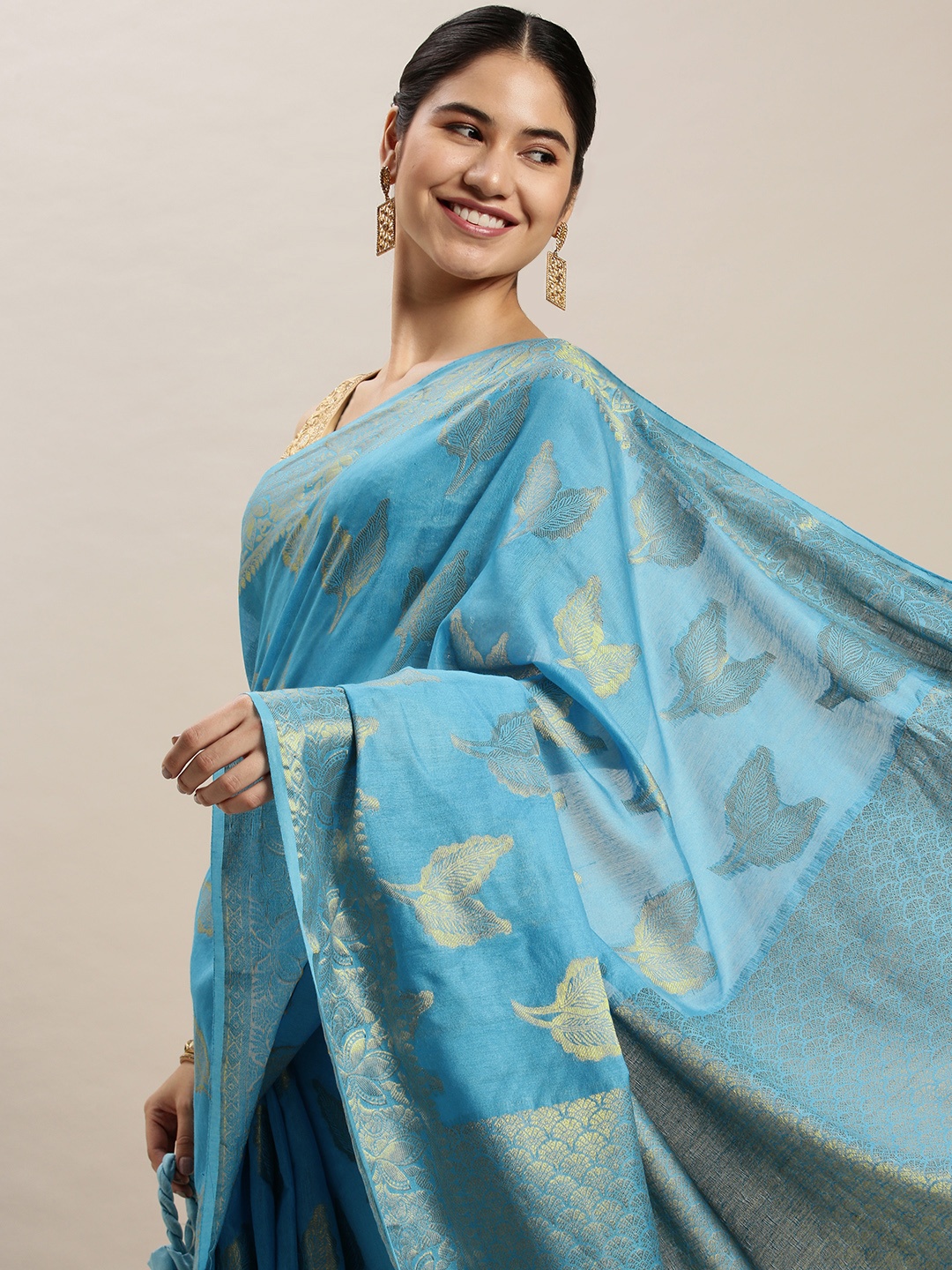 

swatika Turquoise Blue & Gold-Toned Ethnic Motifs Zari Silk Blend Bhagalpuri Saree