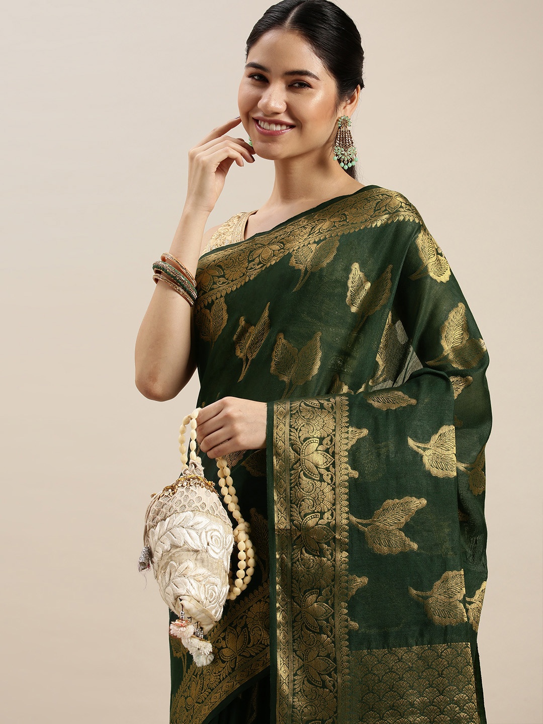 

swatika Green & Gold-Toned Ethnic Motifs Zari Silk Blend Bhagalpuri Saree