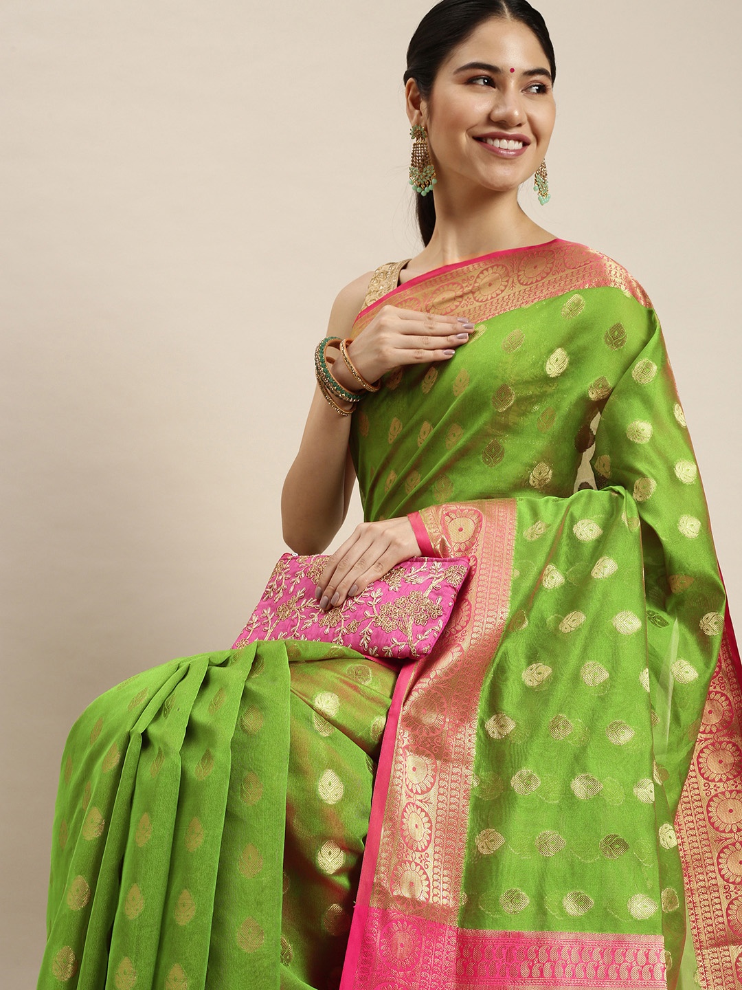 

swatika Green & Pink Ethnic Motifs Zari Silk Blend Chanderi Saree