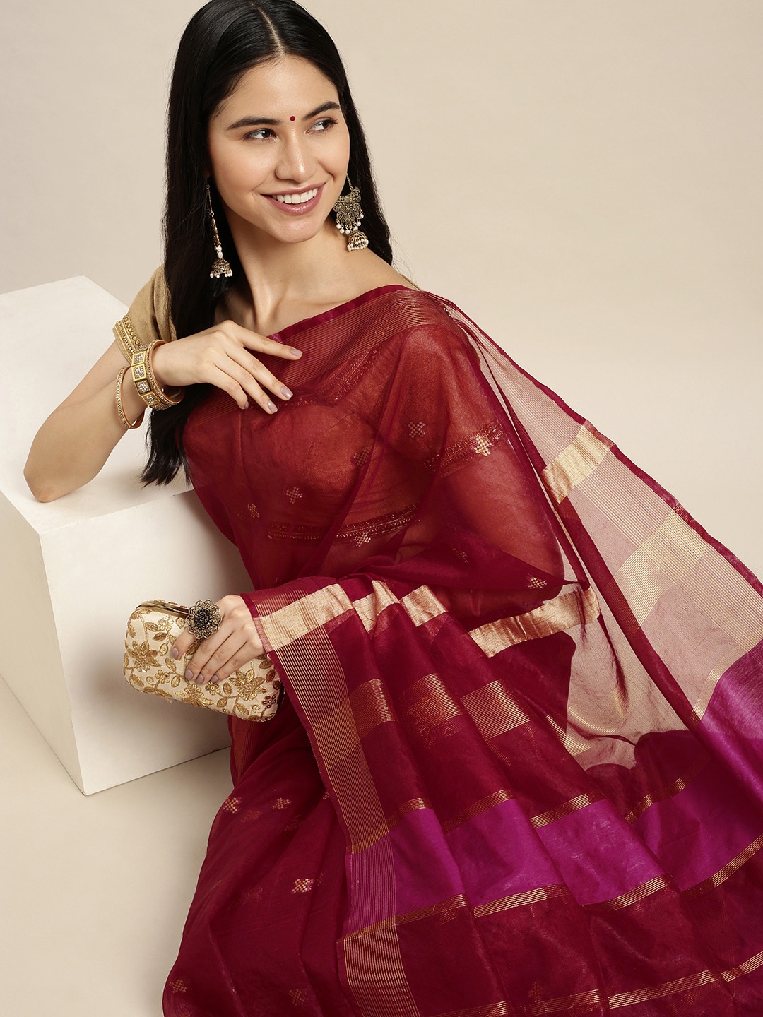 

swatika Maroon Woven Design Organza Bhagalpuri Saree with Unstitched Blouse Piece