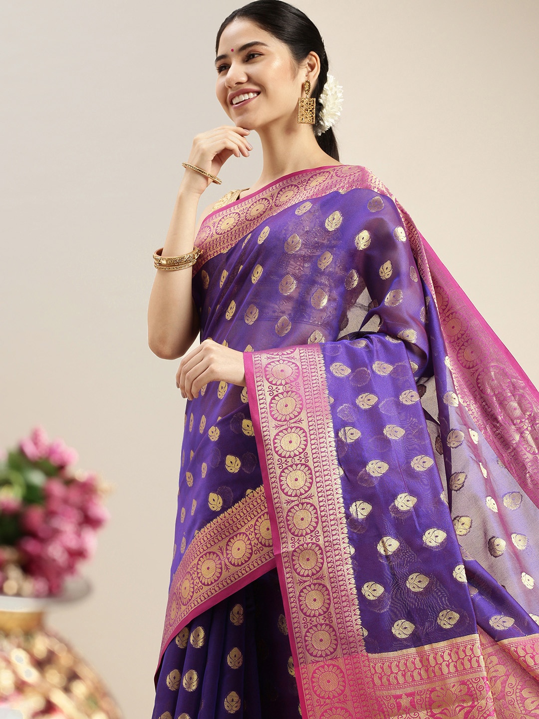 

swatika Blue & Pink Ethnic Motifs Zari Silk Blend Chanderi Saree