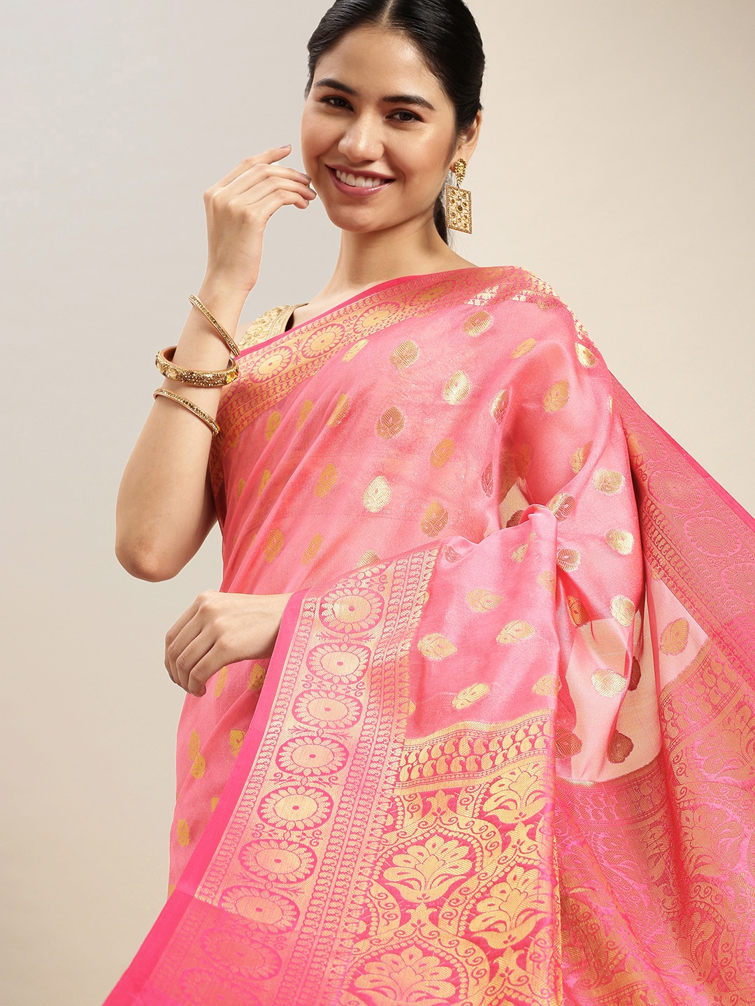 

swatika Pink & Gold-Toned Ethnic Motifs Zari Silk Blend Chanderi Saree