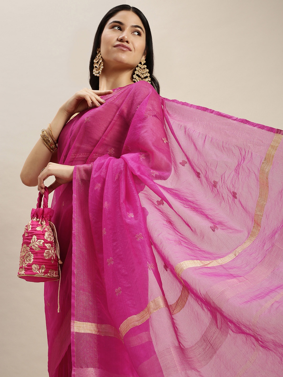 

swatika Fuchsia Woven Design Organza Bhagalpuri Saree with Unstitched Blouse Piece