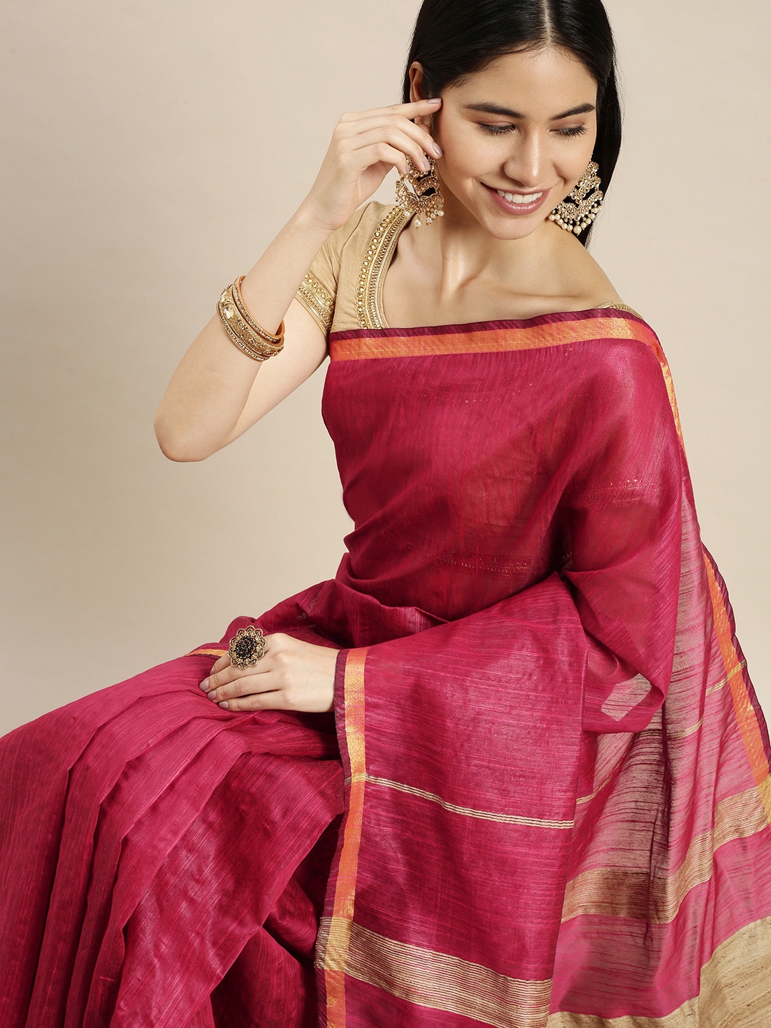 

swatika Fuchsia Woven Design Silk Blend Bhagalpuri Saree with Unstitched Blouse Piece