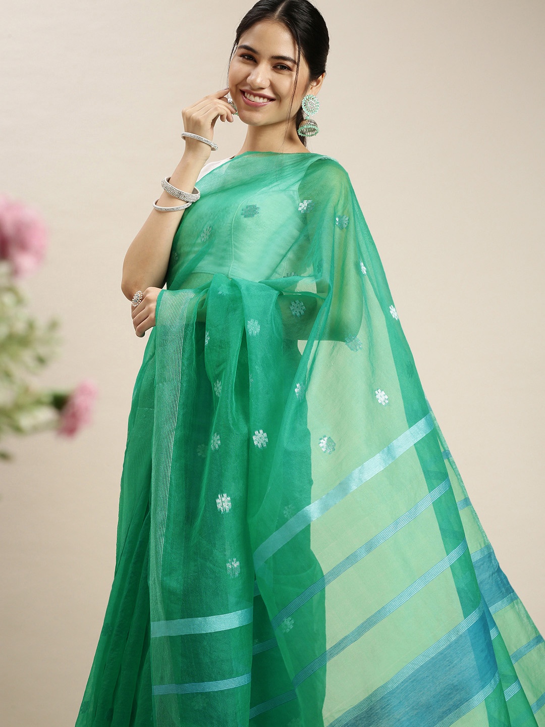 

swatika Green Floral Zari Organza Bhagalpuri Saree