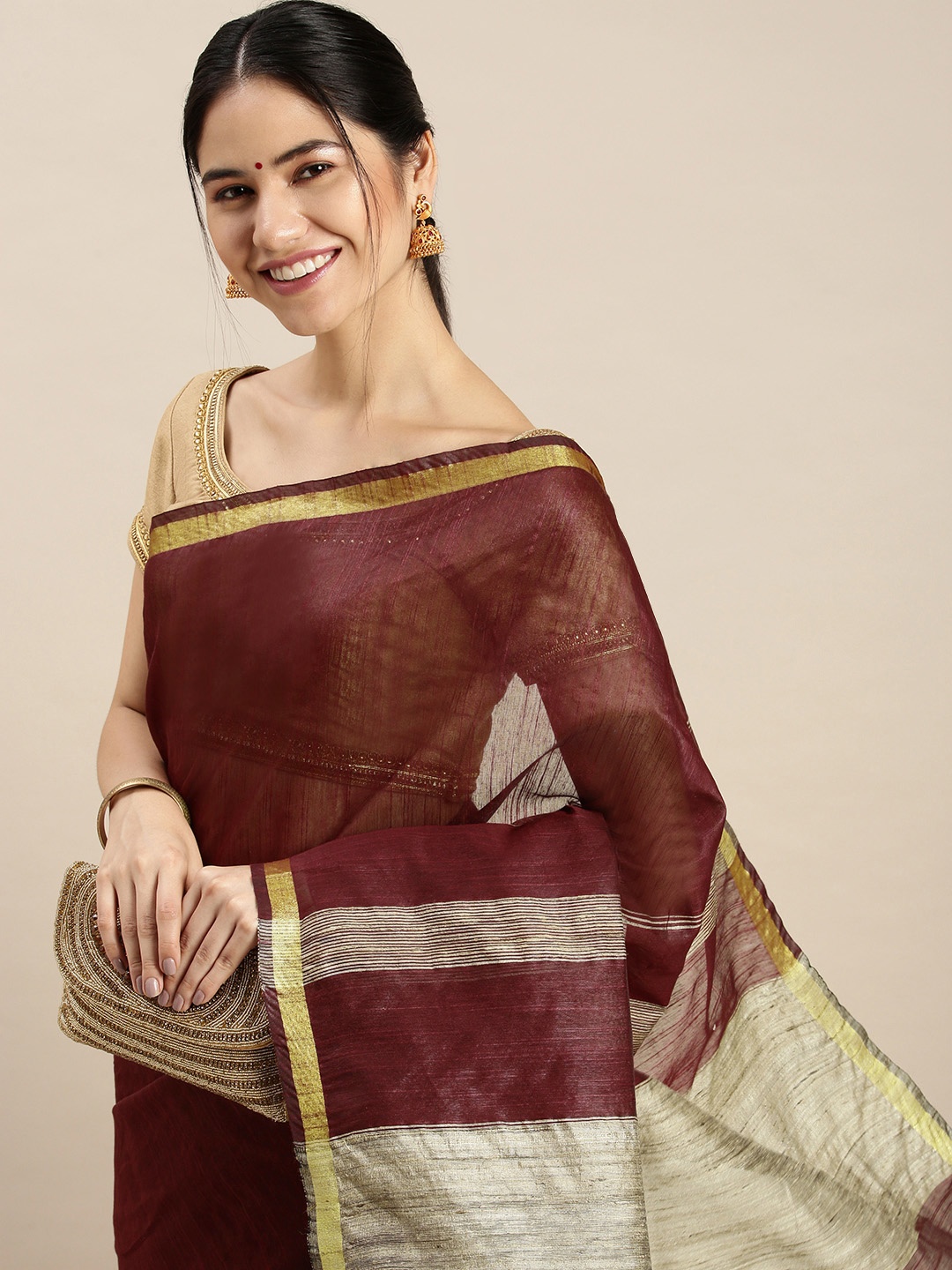 

swatika Maroon & Taupe Woven Design Silk Blend Bhagalpuri Saree