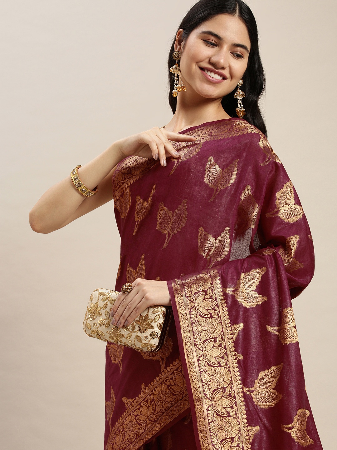 

swatika Purple & Gold-Toned Ethnic Motifs Zari Silk Blend Bhagalpuri Saree