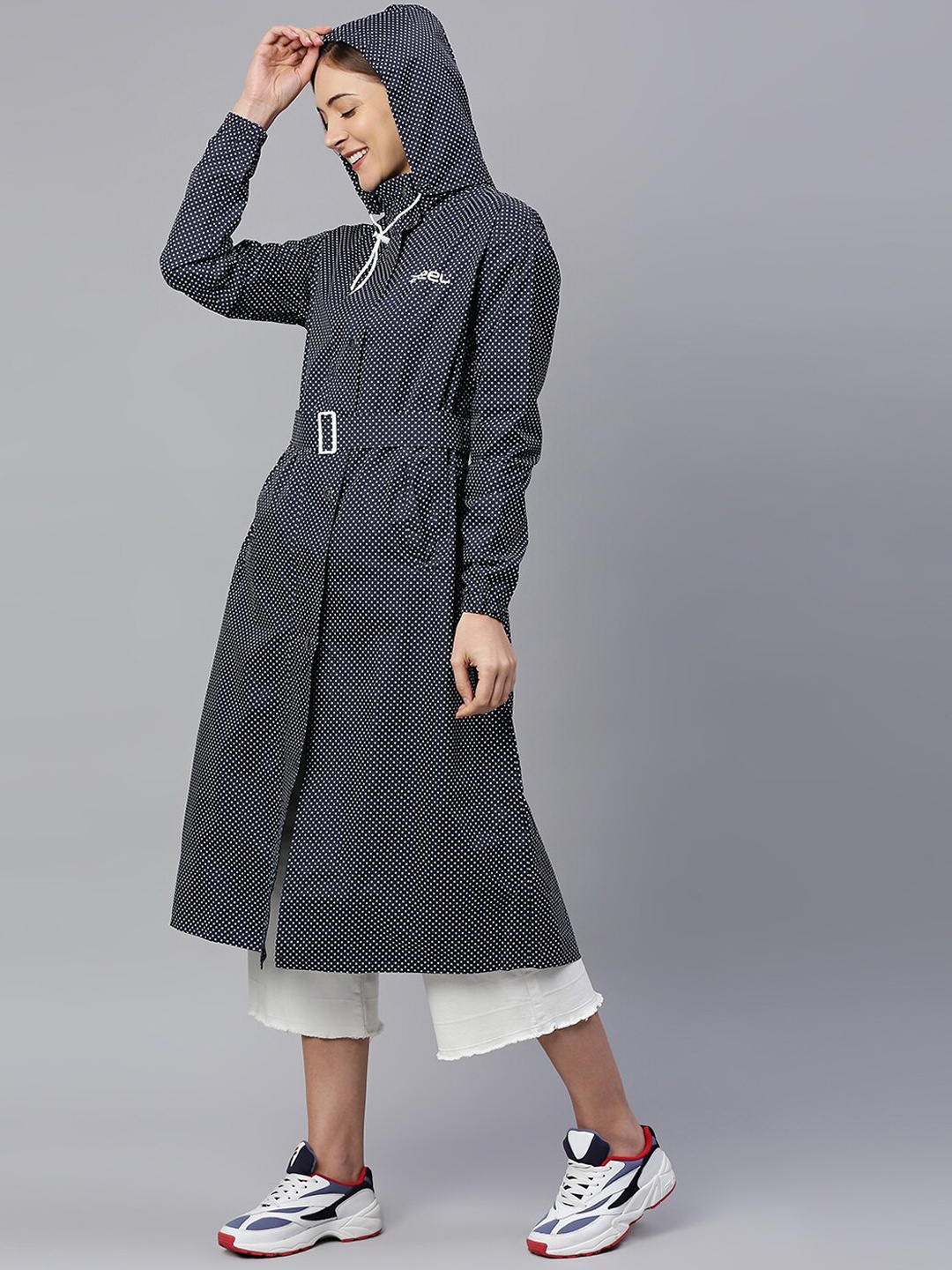 

Zeel Women Navy Blue Polka Dot Printed Rain Jacket