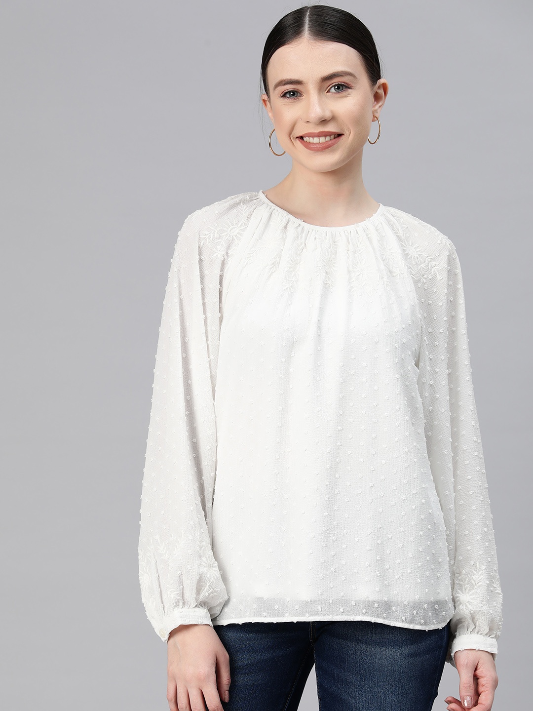 

Marks & Spencer Solid Dobby Fabric Raglan Puff Sleeves Ethnic Embroidered Top, White