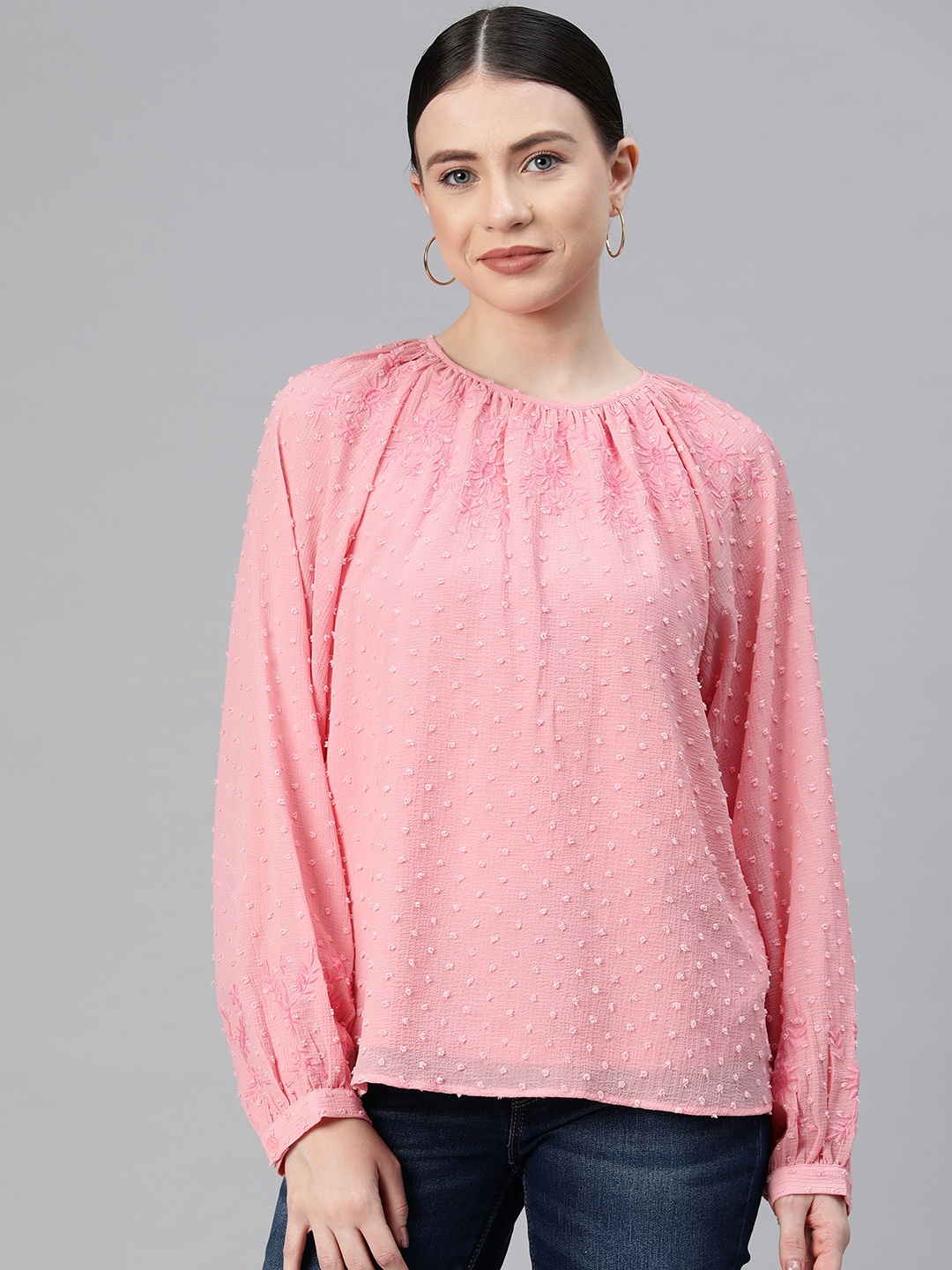 

Marks & Spencer Solid Dobby Fabric Raglan Puff Sleeves Ethnic Embroidered Top, Pink