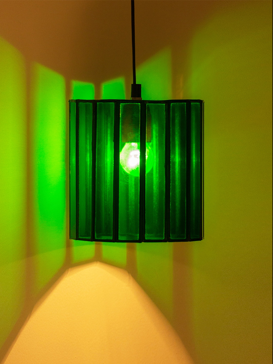 

ExclusiveLane Green Textured Handcrafted Cylindrical Hanging Glass Lamp