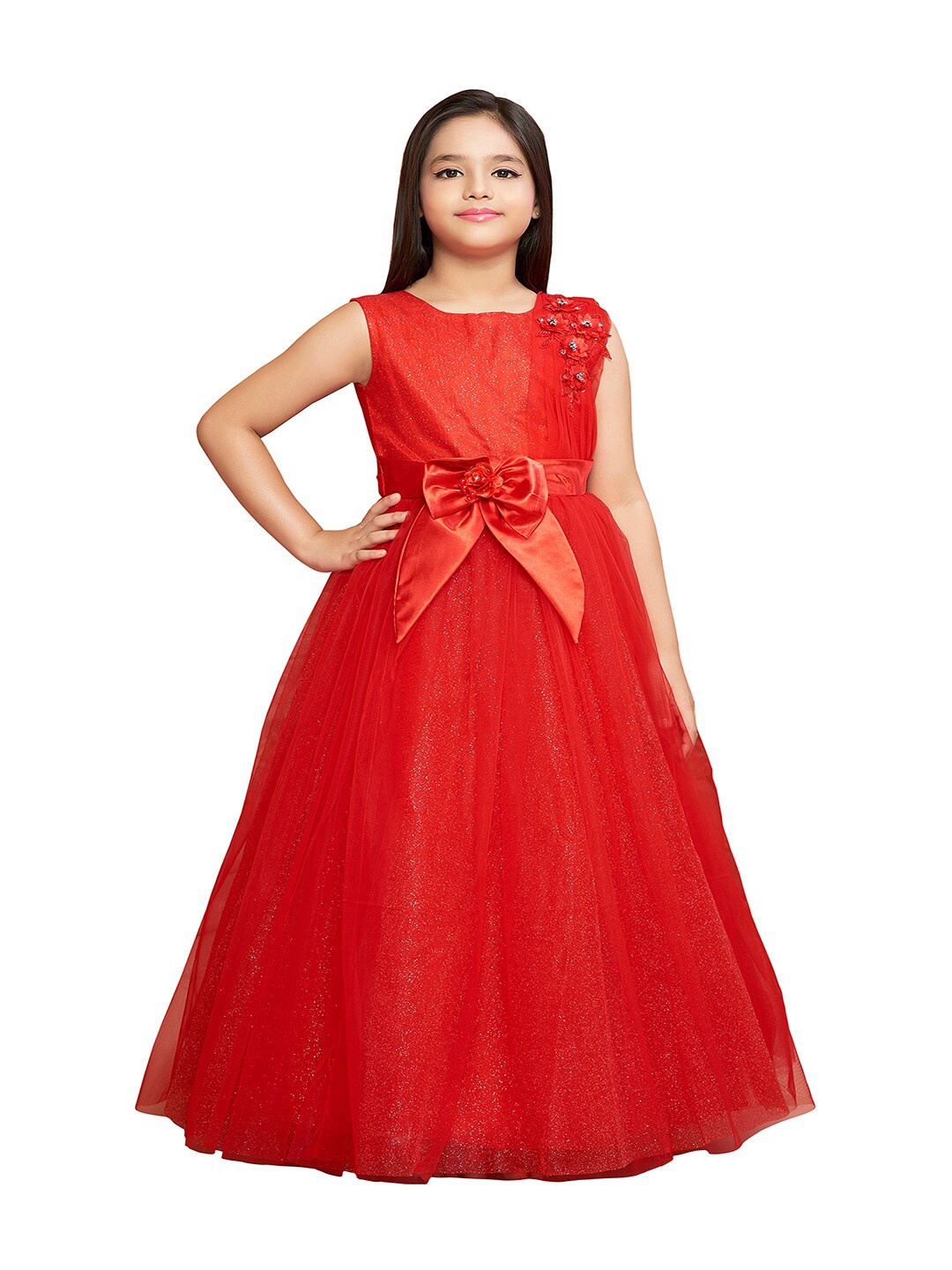 

BETTY Embellished Net Ethnic Maxi Dress with Belt, Red