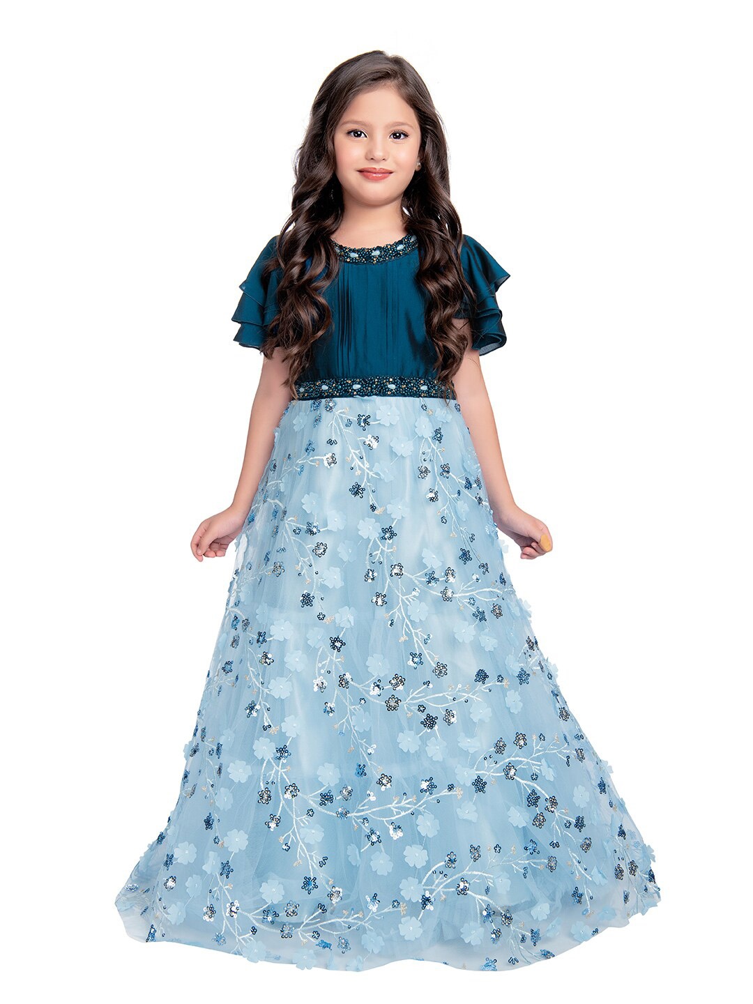 

BETTY Blue Floral Net Ethnic Maxi Dress