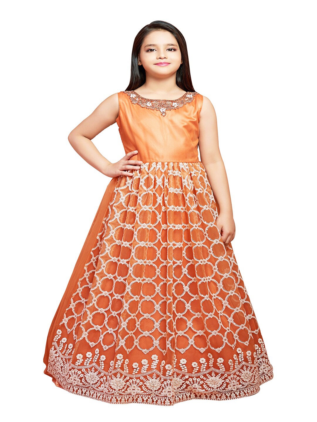 

BETTY Orange Floral Net Ethnic Maxi Dress