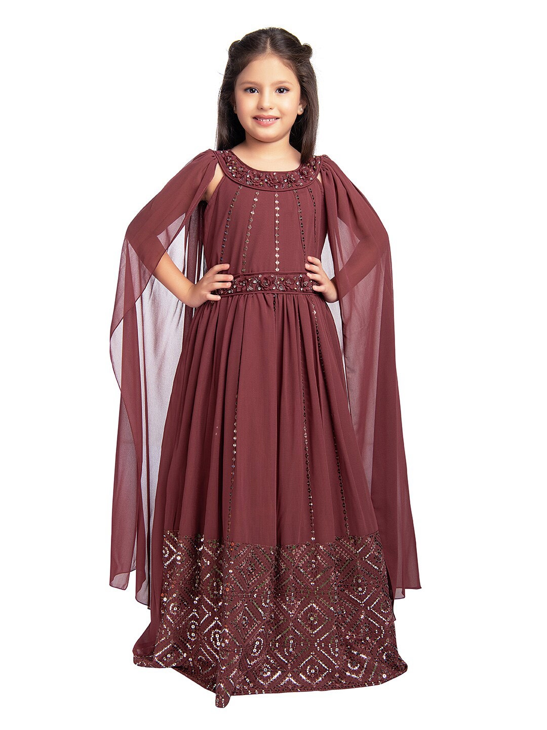 

BETTY Burgundy Embellished Georgette Ethnic Maxi Dress