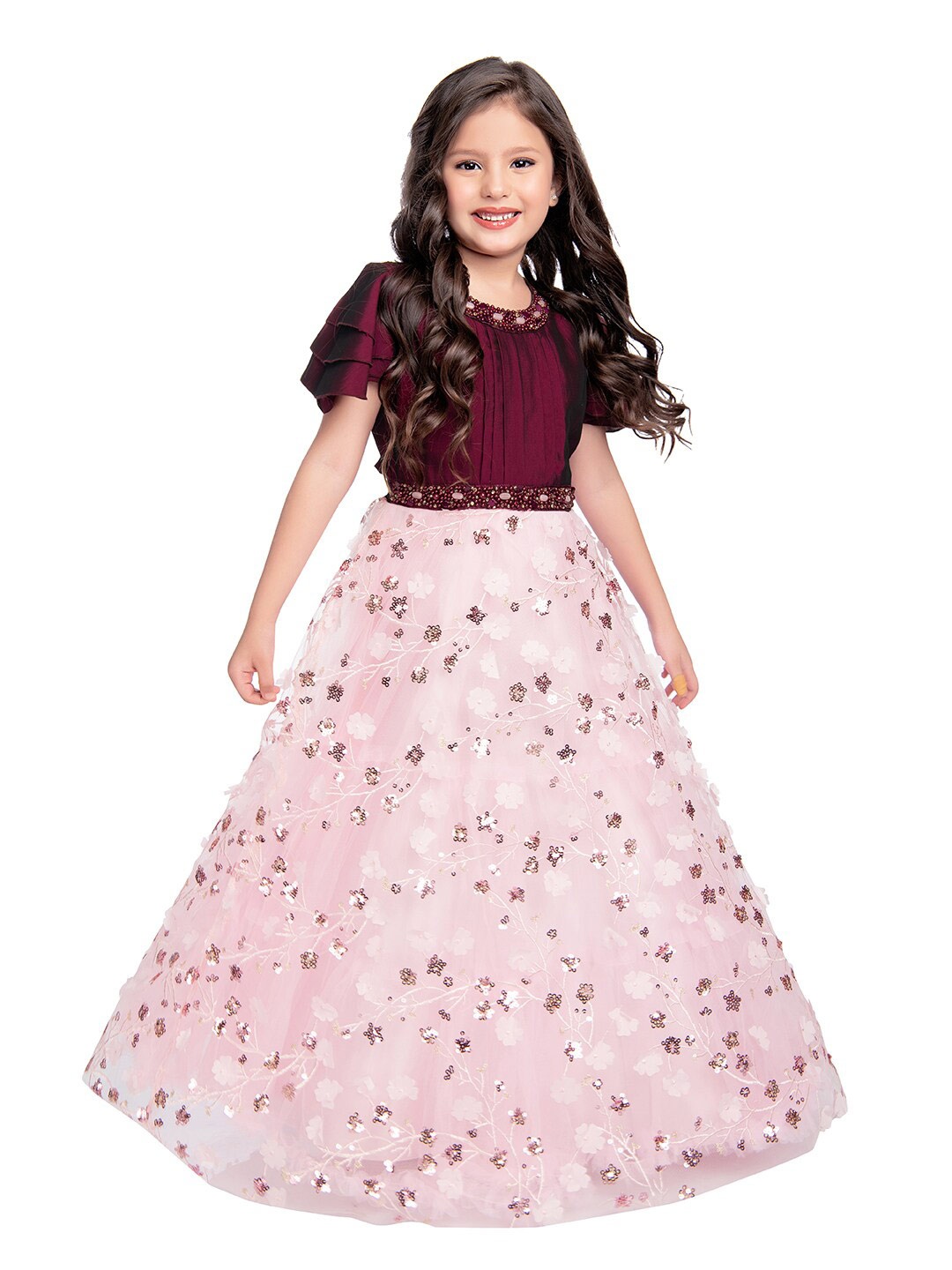 

BETTY Burgundy Floral Net Ethnic Maxi Dress