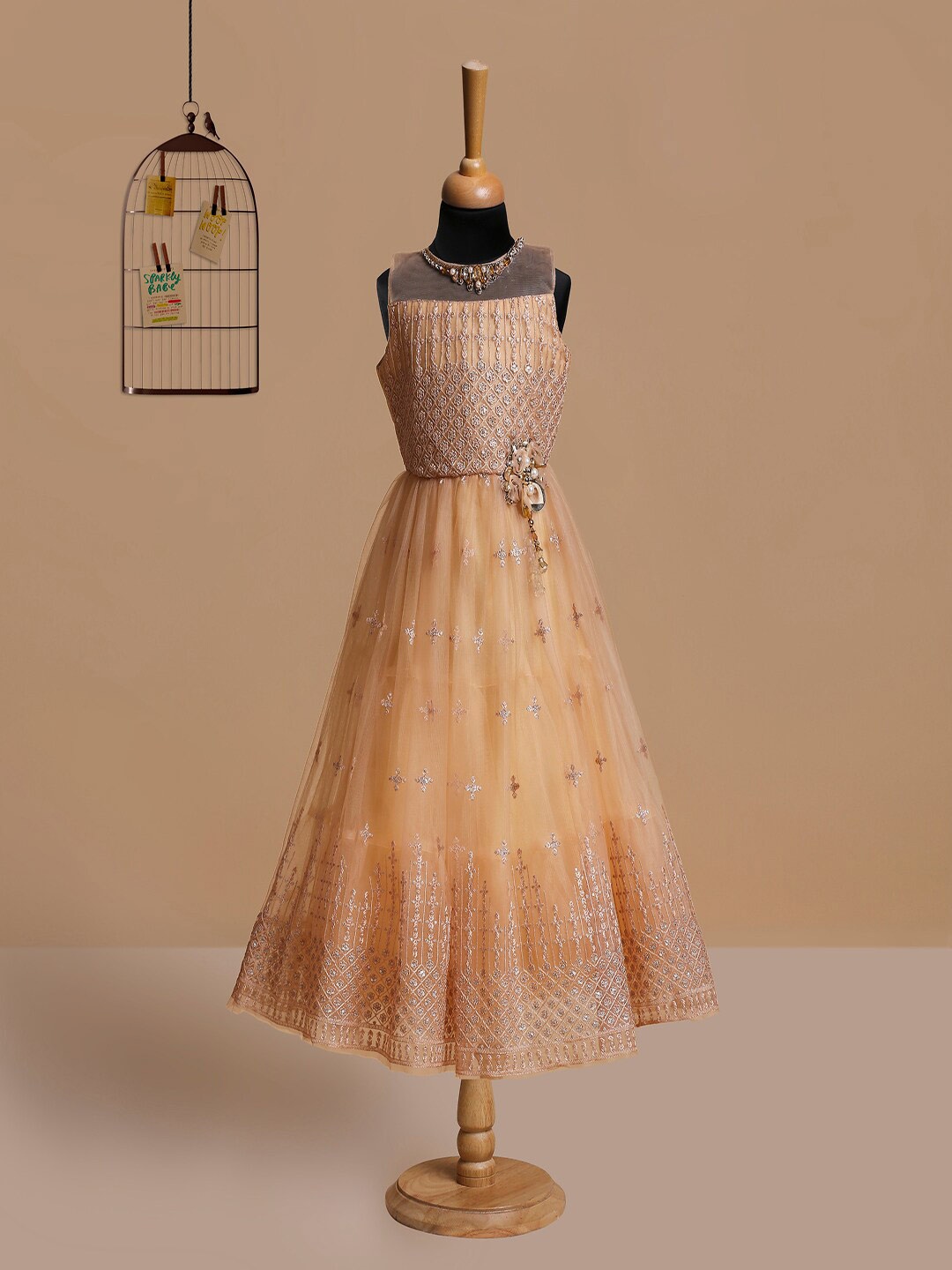 

BETTY Cream-Coloured Ethnic Motifs Net Ethnic A-Line Maxi Dress