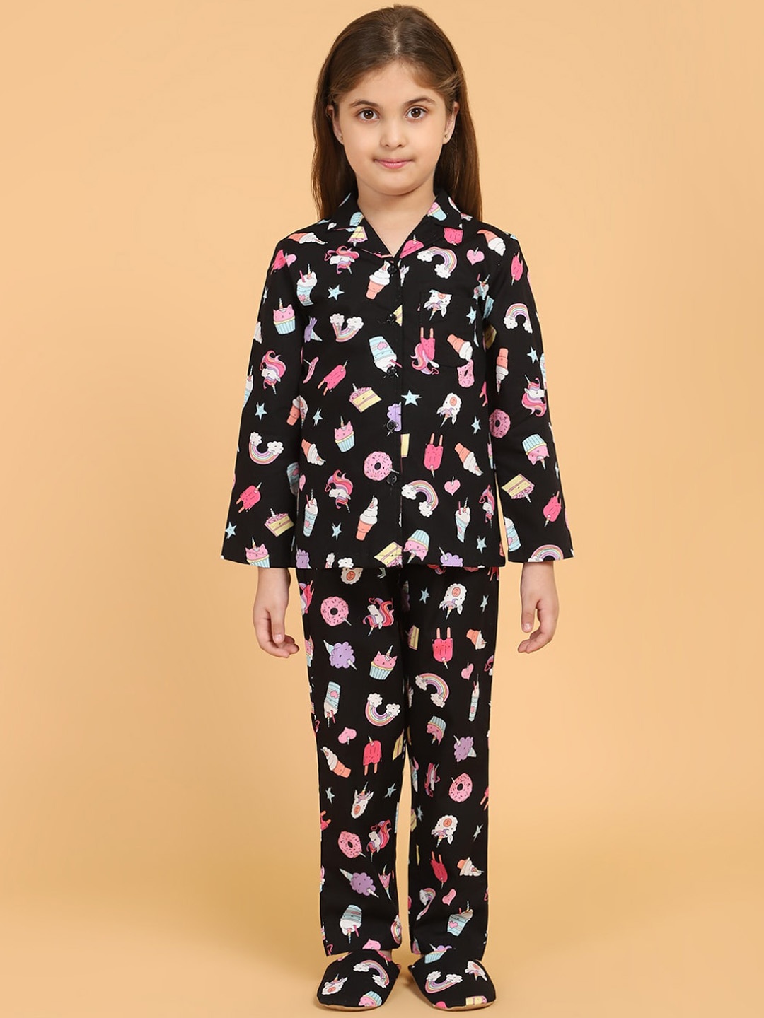 

PICCOLO Girls Black & Pink Printed Pure Cotton Night suit