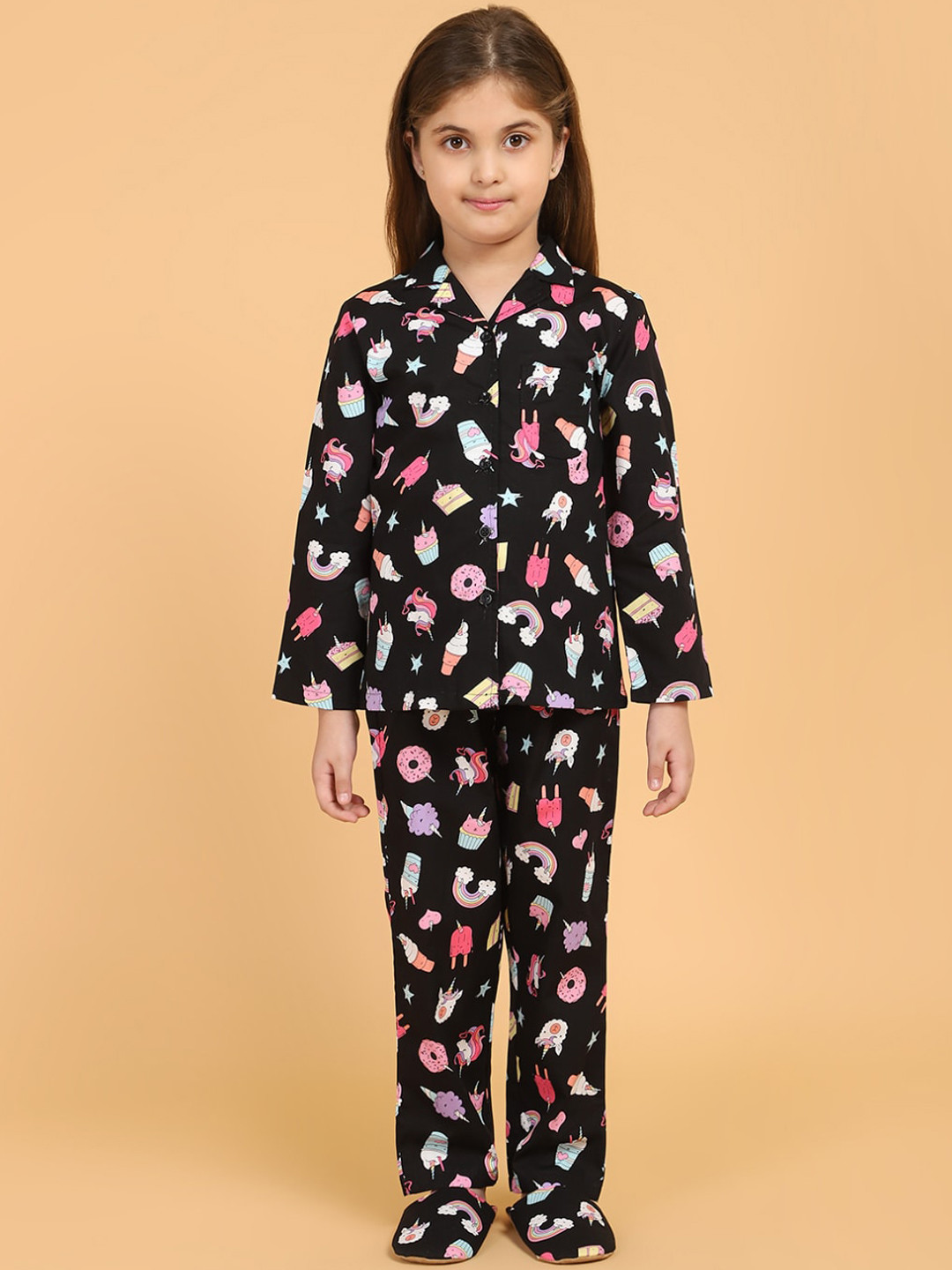 

PICCOLO Girls Black & Pink Printed Night suit