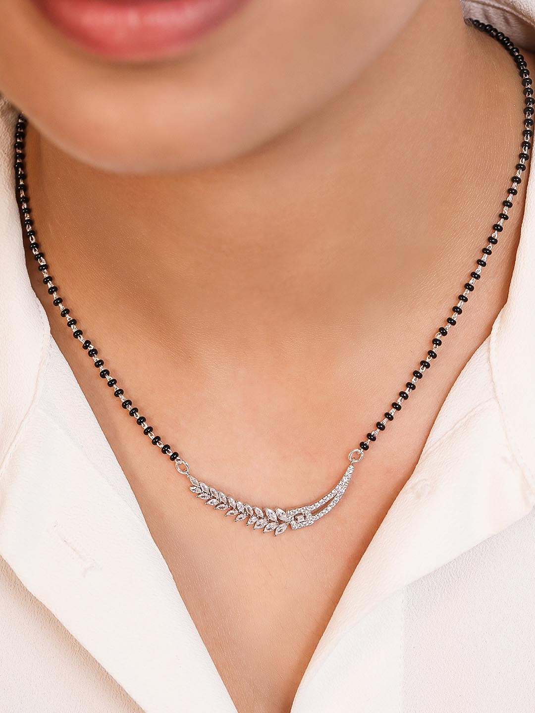 

Zavya Women 925 Sterling Silver & Black Stone Studded & Beaded Rhodium Plated Mangalsutra