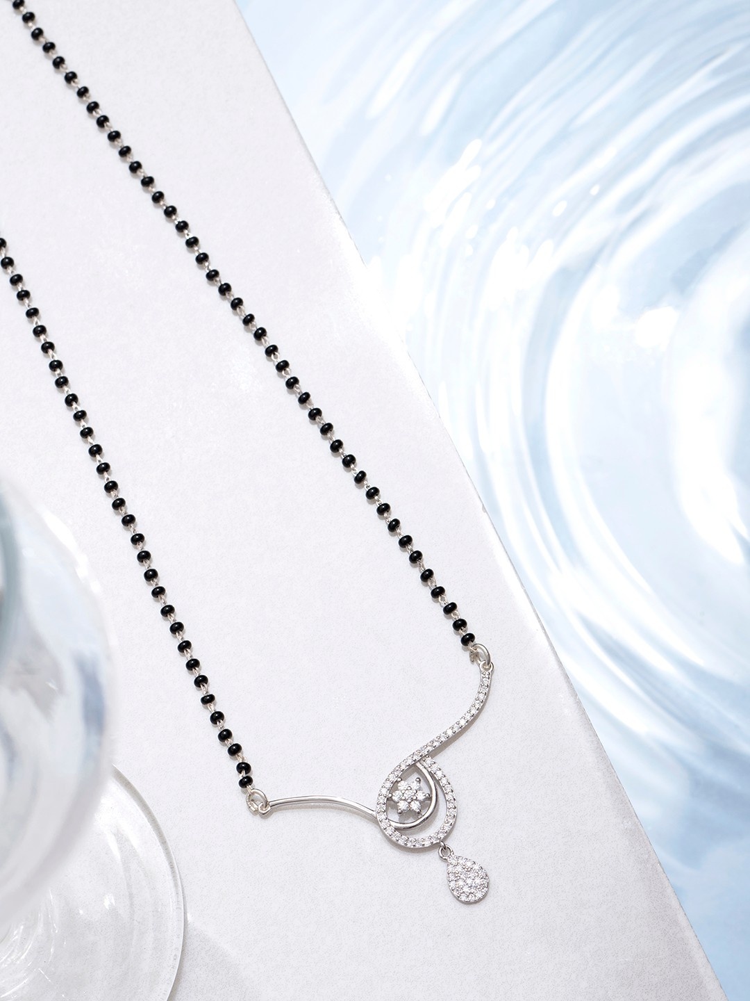 

Zavya Women 925 Sterling Silver & Black Stone Studded & Beaded Rhodium Plated Mangalsutra