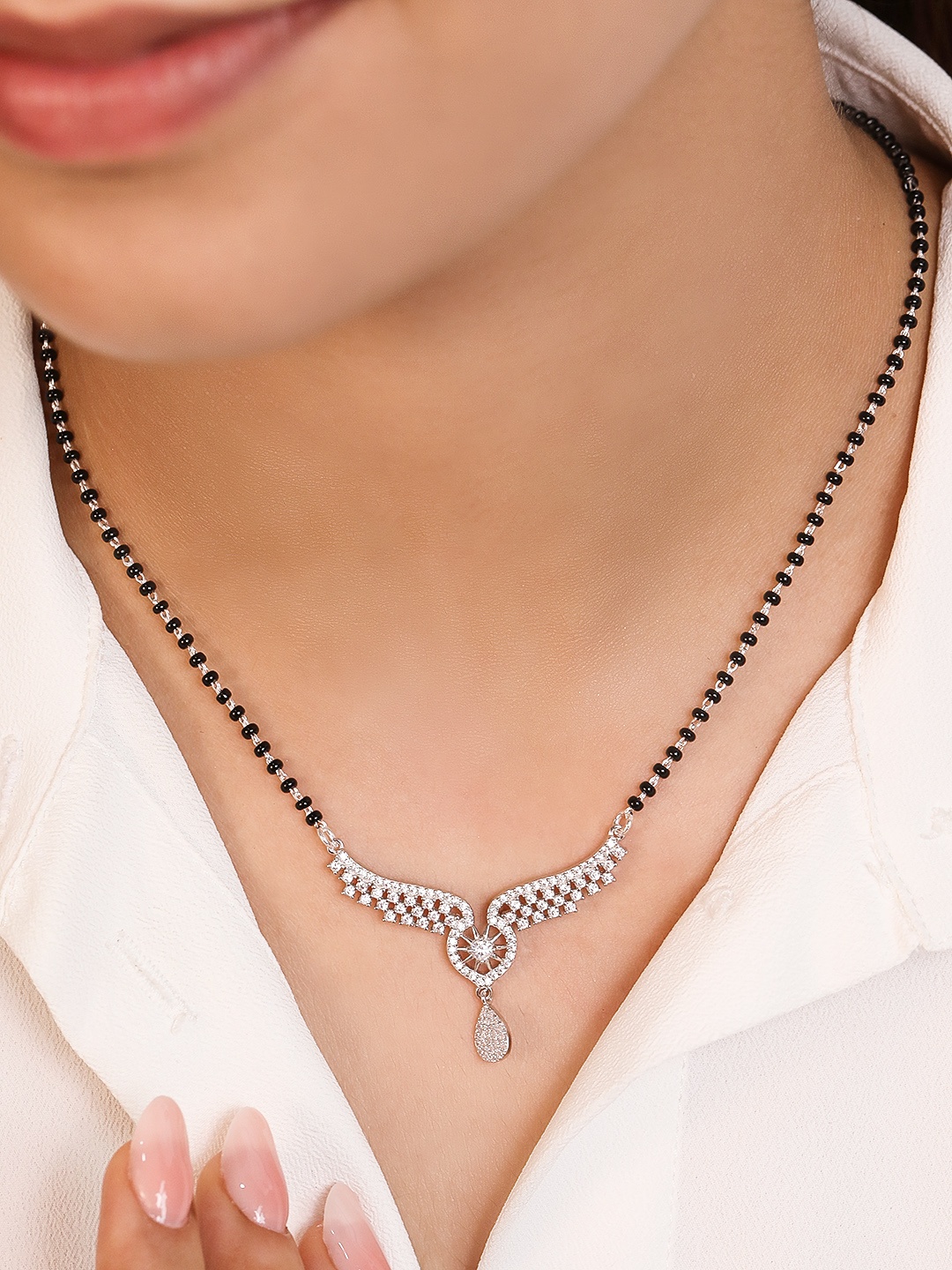 

Zavya 925 Sterling Silver Rhodium-Plated Crystals Mangalsutra, Black