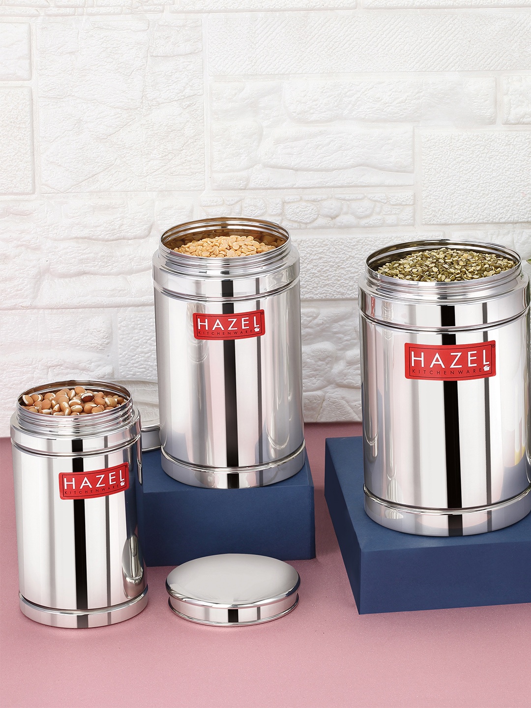 

HAZEL Set Of 3 Silver Solid Stainless Steel Container