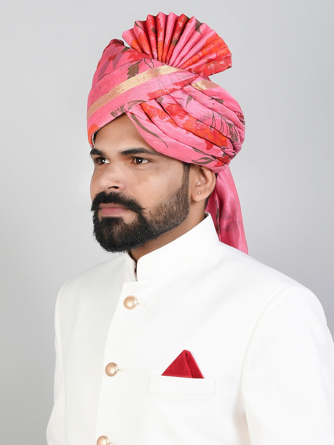

Silvermerc Designs Men Pink & Red Floral Printed Pagri and Safa