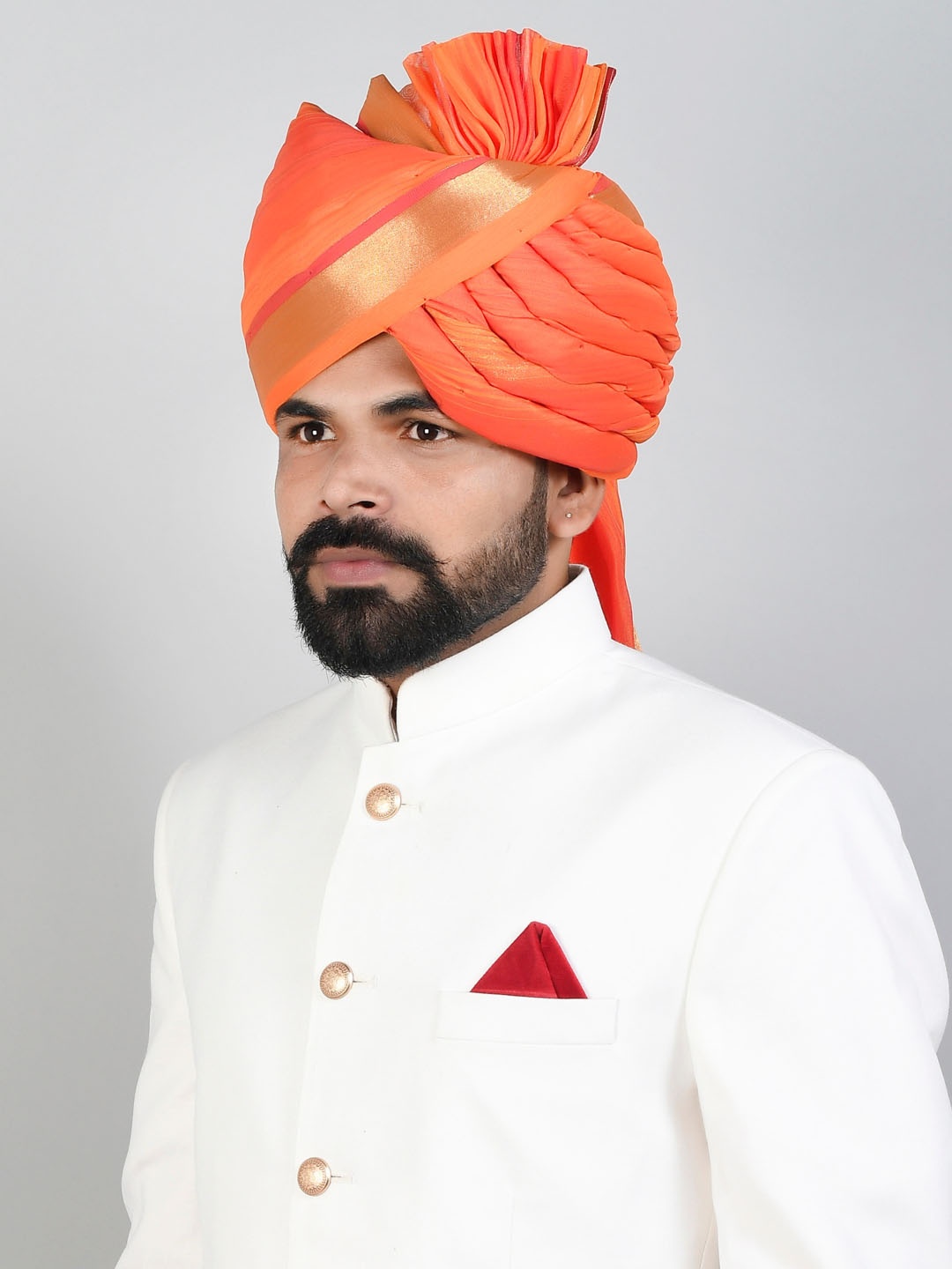 

Silvermerc Designs Men Orange Printed Traditional Wedding Patka Pagri